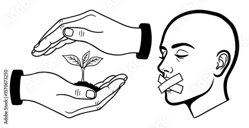 hands holding plant and silenced head concept