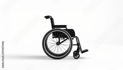 Manual wheelchair with black frame and silver components on plain white background