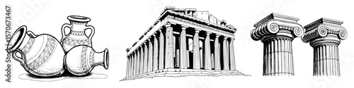 ancient greek vases temple and columns set
