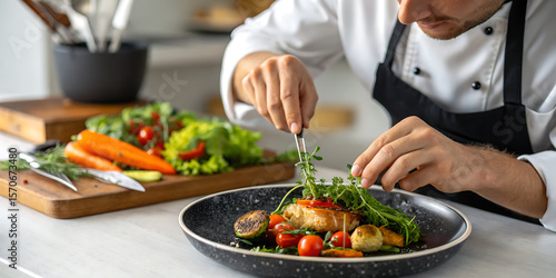 Wallpaper Mural Chef is plating a gourmet dish in a restaurant kitchen Torontodigital.ca
