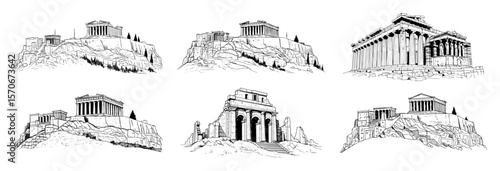 collection of famous greek temples sketches