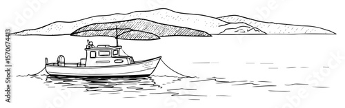 fishing boat sailing near island shore
