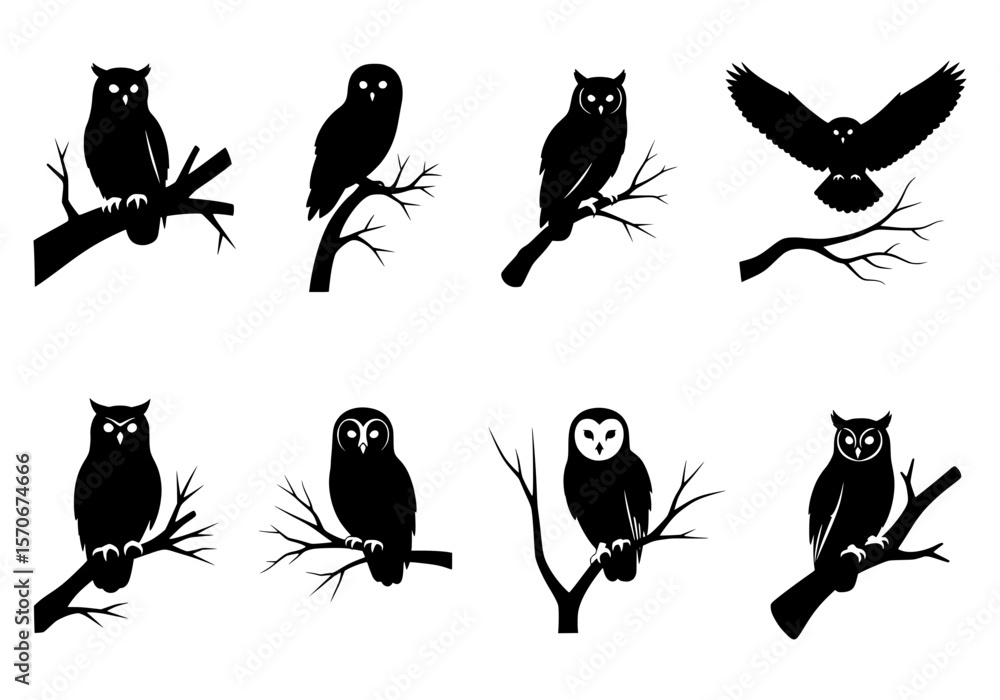 Fototapeta premium Vector silhouette of a collection of black owl silhouettes perched and flying on branches, isolated on a white background