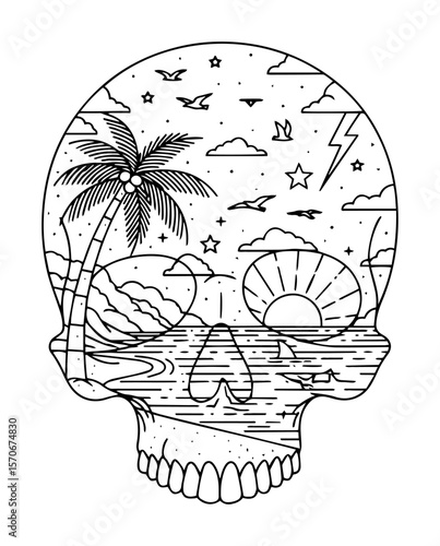 skull with tropical beach sunset inside