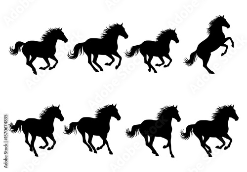 Vector silhouette of a collection of eight black horse silhouettes in various running and rearing poses, isolated on a white background