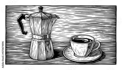classic moka pot with cup of coffee sketch