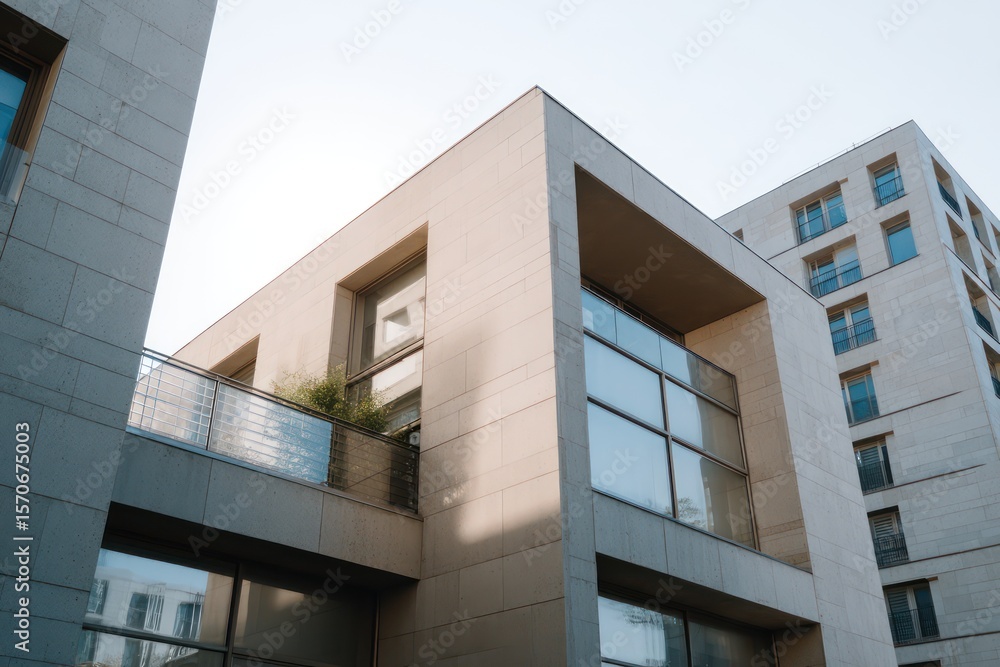 Minimalist duplex in high-density zone hard side light creating long wall shadows cold neutral palette with sharp rooftop Minimalist duplex in high-density zone hard side light creating long wall shadows cold neutral palette with sharp rooftop