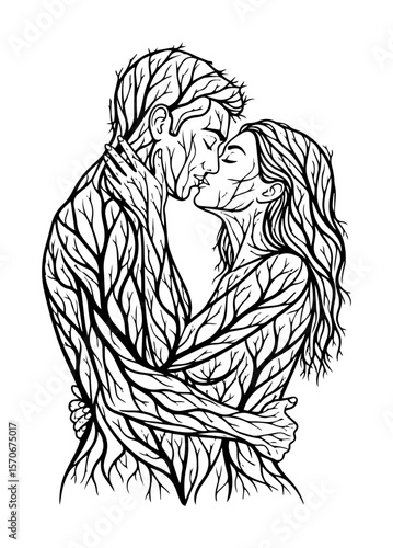 embracing couple tree branch double exposure line art illustration