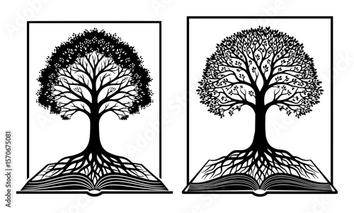 tree of knowledge growing from open book line art illustration