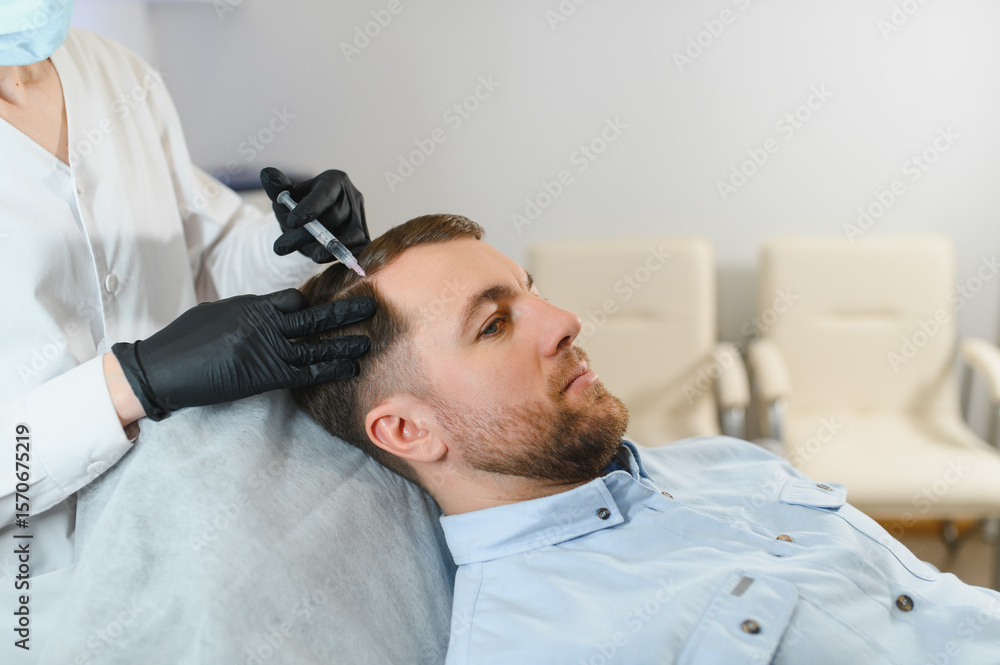 Man getting hair treatment at beauty salon, having mesotherapy session. Female therapist hands in protective gloves making injection with syringe Man getting hair treatment at beauty salon, having mesotherapy session. Female therapist hands in protective gloves making injection with syringe