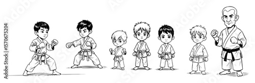 karate kids training poses character set line art illustration