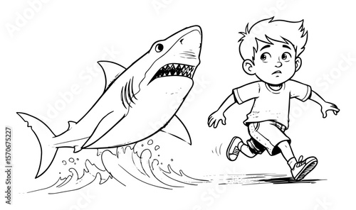 cartoon shark chasing running boy vector illustration