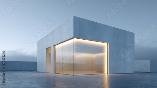 Minimalist cube-style cinema venue with frosted glass front brushed concrete rim light from setting sun volumetric light from