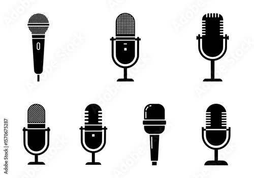 Vector silhouette of a collection of seven diverse microphone icons isolated on a white background