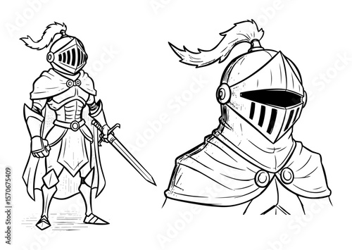 medieval knight warrior with sword and helmet line art illustration