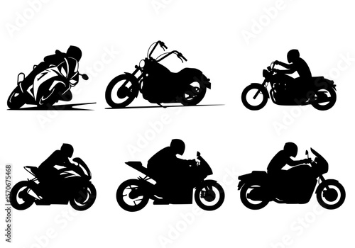 Vector silhouette of a collection of six dynamic motorcycle silhouettes isolated on a white background