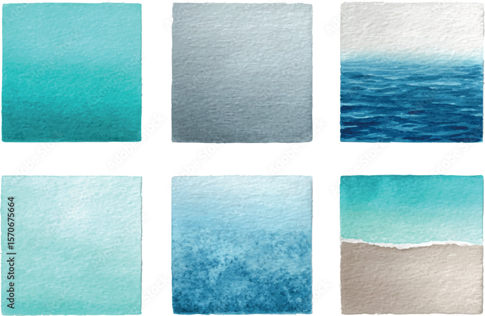 Fototapeta premium Watercolor Ocean and Beach Backgrounds – Minimalist Blue and Teal Gradient Squares