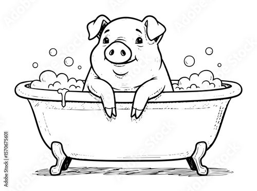 cute pig taking bath in tub line art illustration