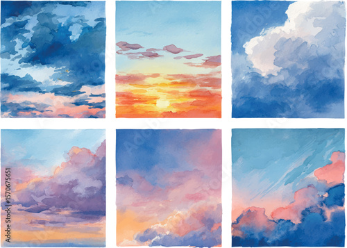 Watercolor Sky and Clouds – Vibrant Sunset and Sunrise Collection