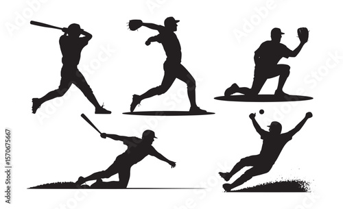Collection of black silhouettes of baseball players in action on white background