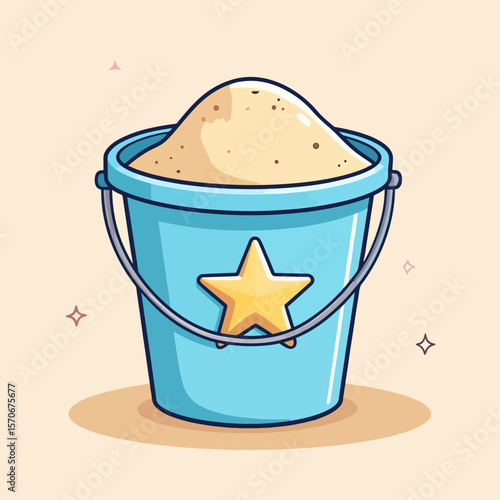 Adorable cartoon illustration of a light blue bucket filled with sand and decorated with a yellow starfish, perfect for summer, beach, and childhood themes.