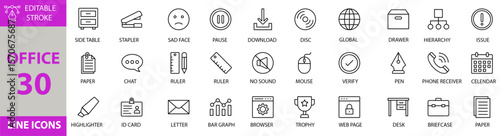Office line icon set. Containing Vector pictograms of business,work,document,folder,computer,meeting,desk,chair,laptop,stationery,clipboard,calendar and more. Editable Stroke. Victor Illustrations.