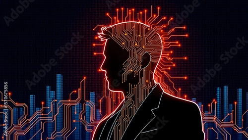 Silhouette of a man with circuit board pattern and city skyline in a digital art style design