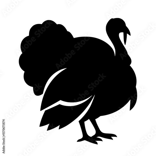 Vector silhouette of a striking black silhouette of a turkey stands proudly, isolated on a clean white background