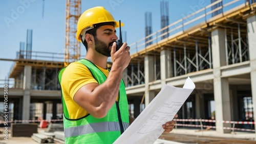 construction worker Using Walkie Talkie to Communicate with another