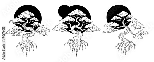 bonsai tree silhouette with moon line art illustration