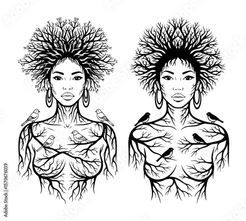Принти на полотні female dryad bust with tree hair line art illustration
