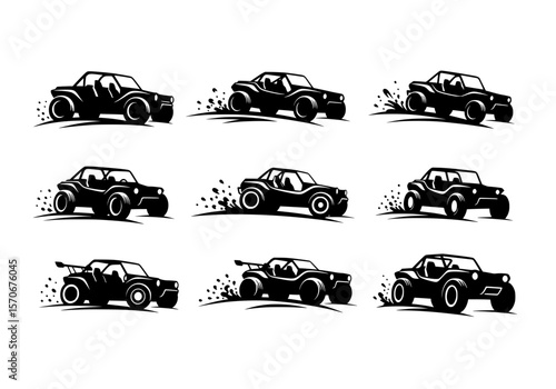 Vector silhouette of collection of black dune buggy silhouettes in various dynamic poses isolated on white background