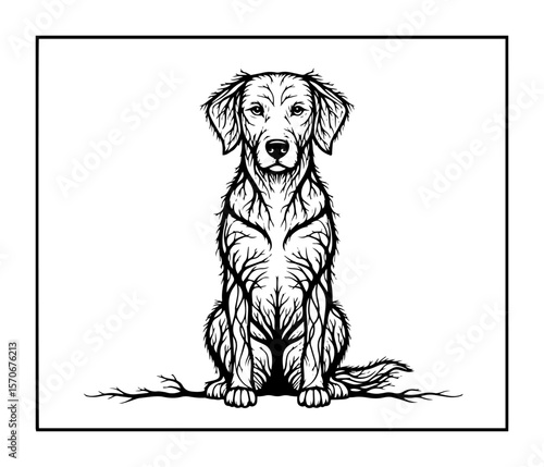 sitting retriever dog portrait framed line art illustration