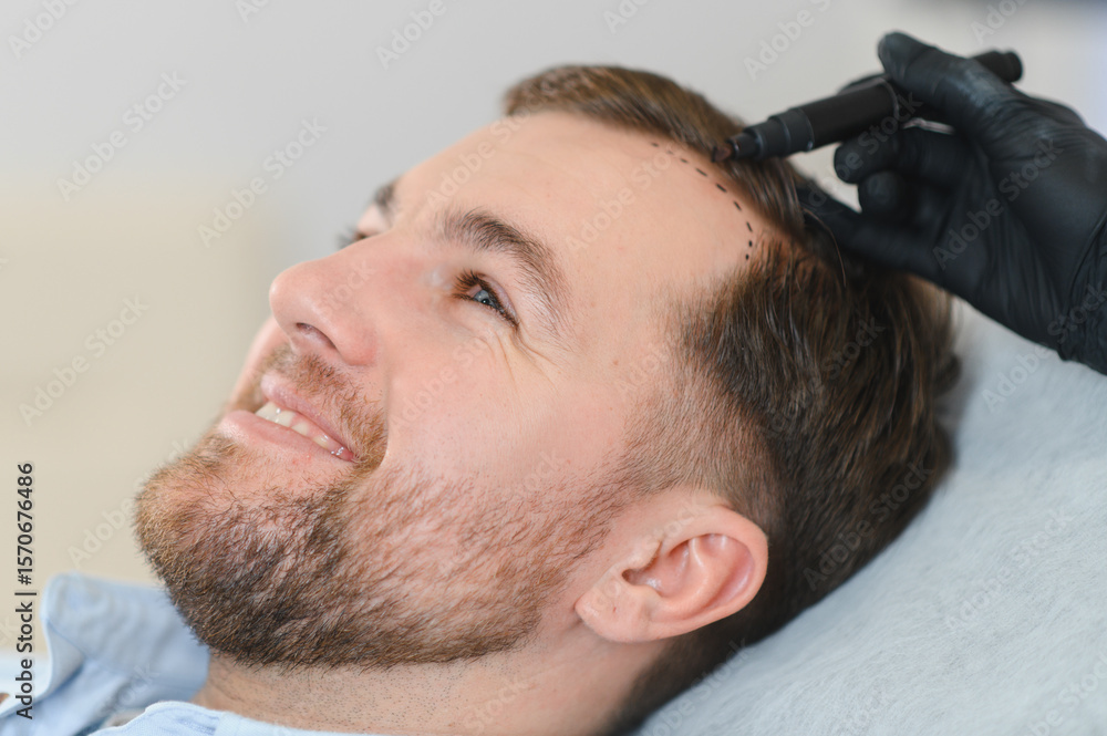 Obraz premium Side view of handsome man getting hair treatment at beauty salon. Man having mesotherapy session at aesthetic clinic, therapist hands in gloves making injection in scalp