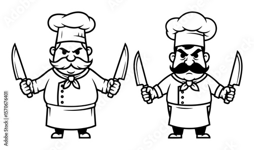 cartoon chef mascot with knives vector set