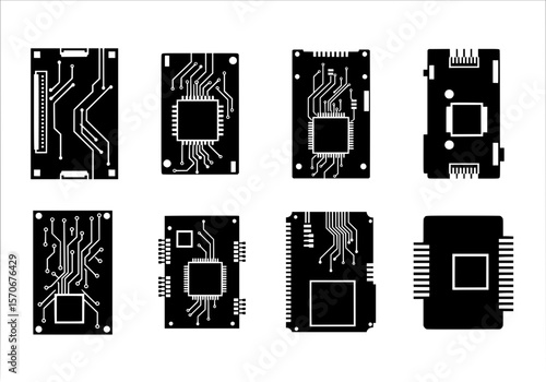 Vector silhouette of collection of eight black and white electronic circuit board icons isolated on white background
