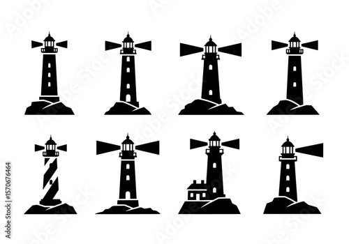 Vector silhouette of collection of eight black lighthouse icons isolated on white background
