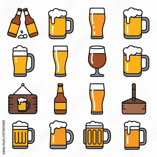 Collection of Sixteen Beer Related Line Art Icons Featuring Various Beer Glasses Bottles and a Pub Sign Depicting Yellow and Brown Hues on a White Background