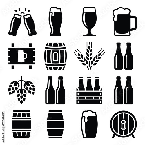 Collection of Sixteen Black and White Beer Icons Depicting Beer Glasses Barrels Bottles Hops Wheat and a Beer Sign
