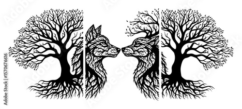 kissing foxes in trees triptych vector wall art