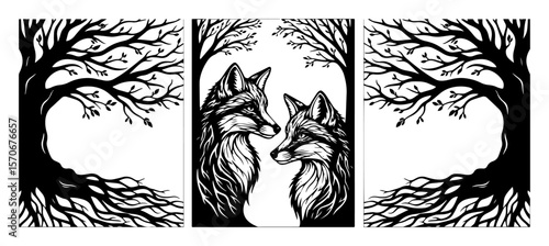 romantic fox couple and trees triptych vector art