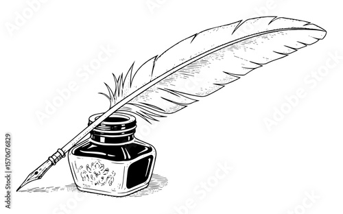 vintage quill pen and inkwell drawing vector illustration
