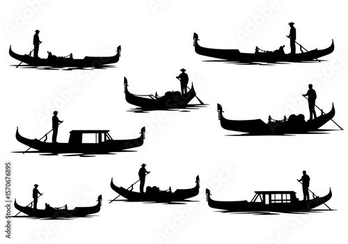 Vector silhouette of collection of gondola silhouettes with gondoliers rowing on water, isolated on white background