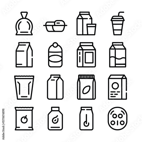 Collection of sixteen black and white line art food and beverage packaging icons including various bags boxes pouches and containers illustrating different shapes sizes and styles for milk