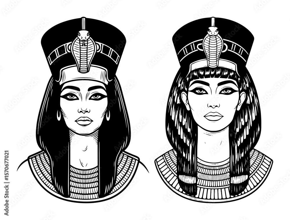 Ταπετσαρία egyptian queen cleopatra nefertiti vector portrait set