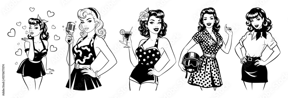 Ταπετσαρία set of beautiful retro pinup girl characters vector