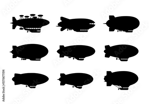 Vector silhouette of collection of nine black silhouette airship silhouettes isolated on white background