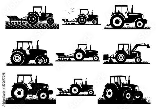 Vector silhouette of collection of nine black tractor silhouettes in various agricultural settings and poses