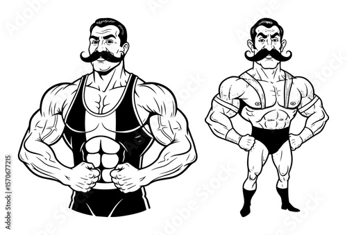 vintage circus strongman mascot vector illustration set
