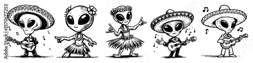 funny cartoon aliens in mexico and hawaii vector set